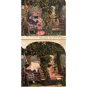 Atq Stereoscope Stereograph (2) Photo Cards Color Tinted Late 19th Century Fling